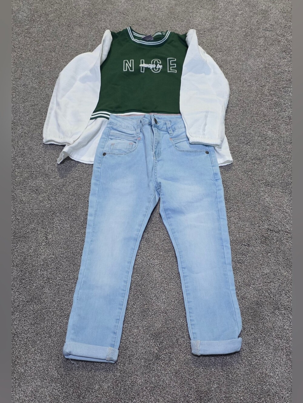 Girls Green & White Varsity Crop Top With Light Wash Skinny Jeans
